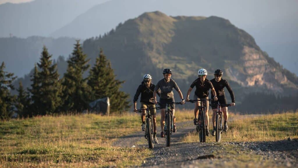 4 Personen fahren Mountainbike in den Bergen, weites Panorama