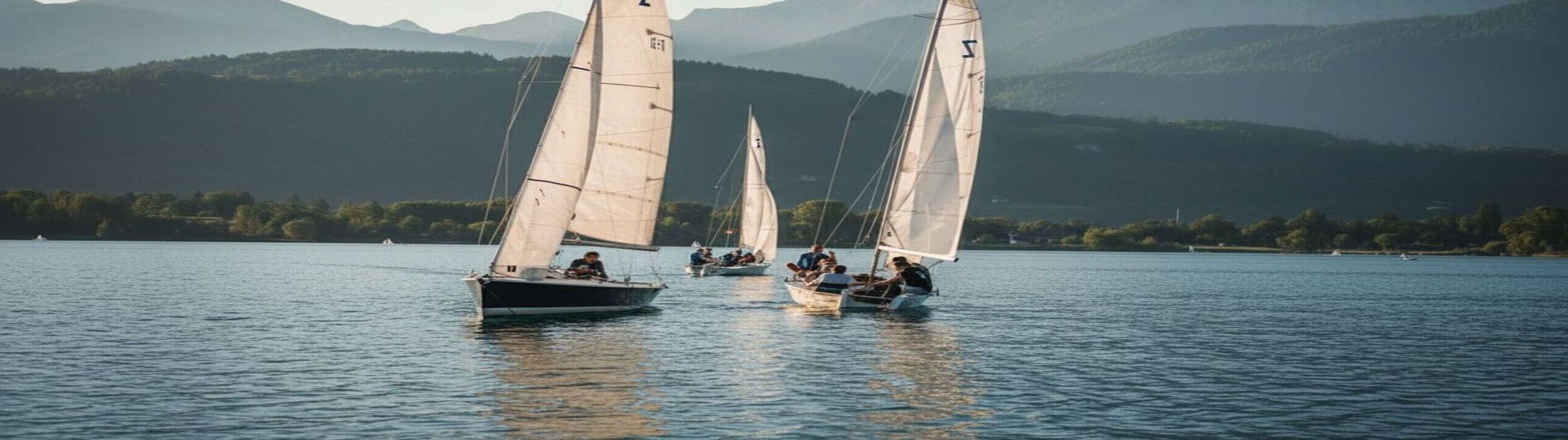 Segelregatta auf dem Tegernsee mit bunten Segeln vor beeindruckender Alpenkulisse – ein aktives und unvergessliches Teambuilding am Tegernsee bei Sonnenschein und klarer Bergluft.
