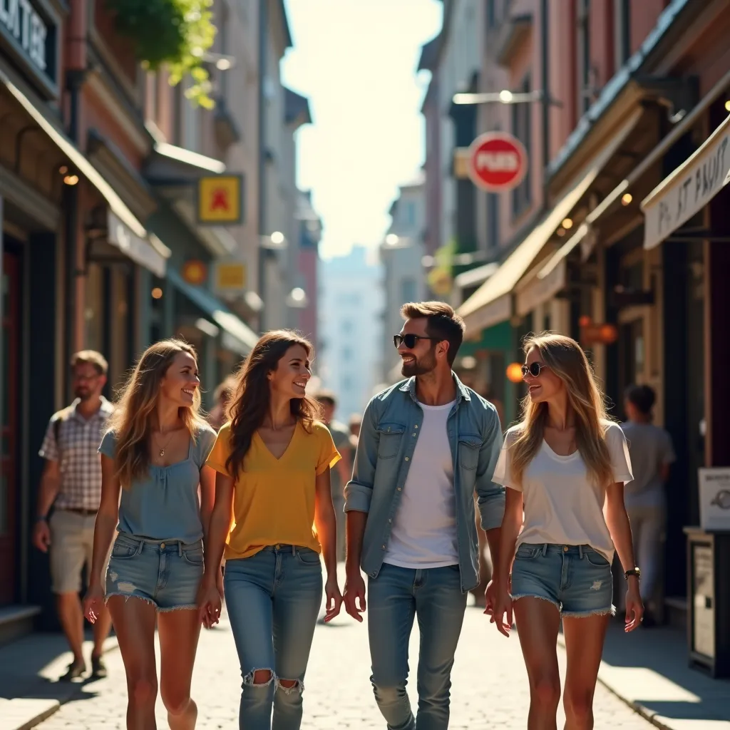 Kollegen spazieren bei einem Sommerfest in der Hafenstadt Hamburg durch die Gassen von St. Pauli, entspannt in sommerlicher Kleidung.