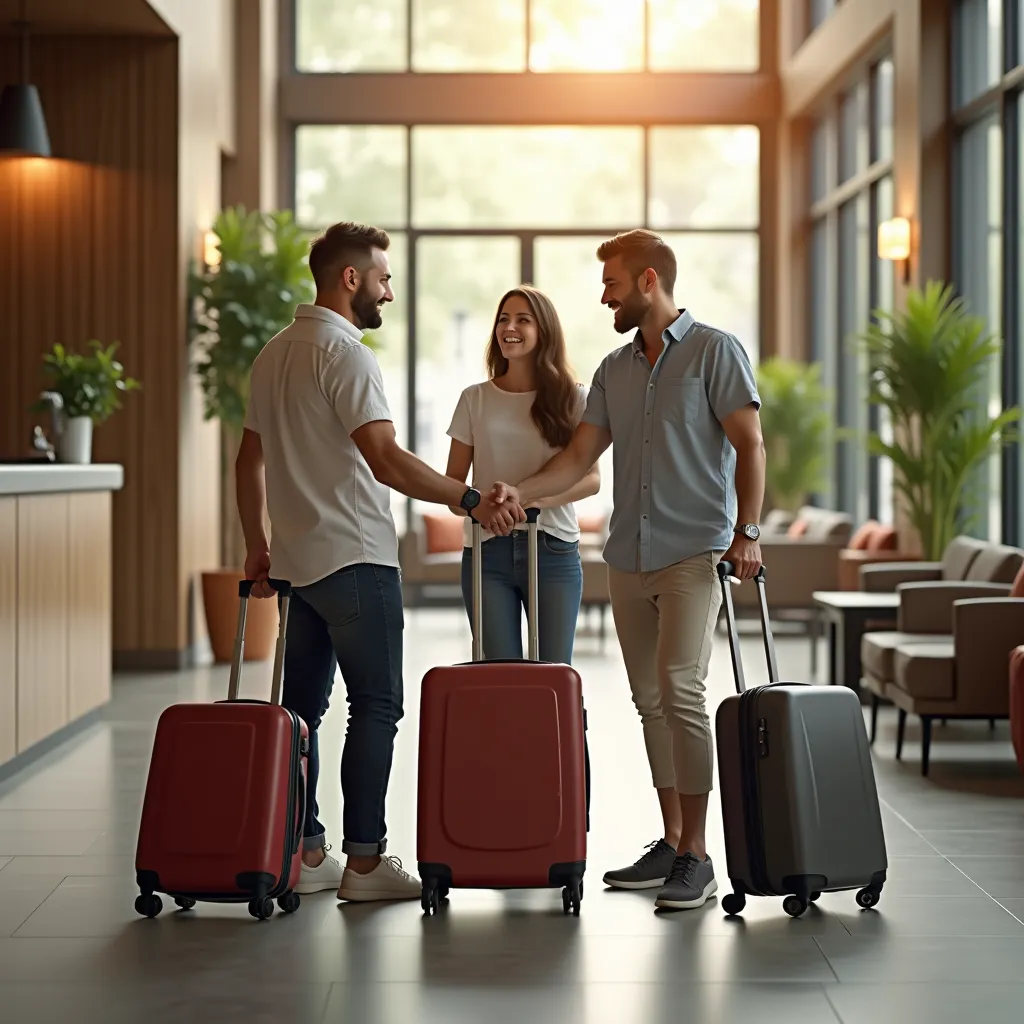 Kollegen mit Koffern verabschieden sich in der Hotellobby beim Check-out nach dem Sommerfest in der Hafenstadt Hamburg.