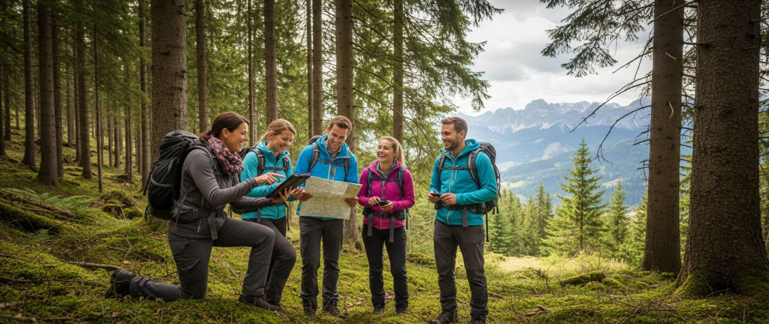 Mitarbeitergruppe bei einem Teambuilding in Bayrischzell im Wald der bayerischen Alpen – gemeinsames Navigieren und Rätseln inmitten der Natur.