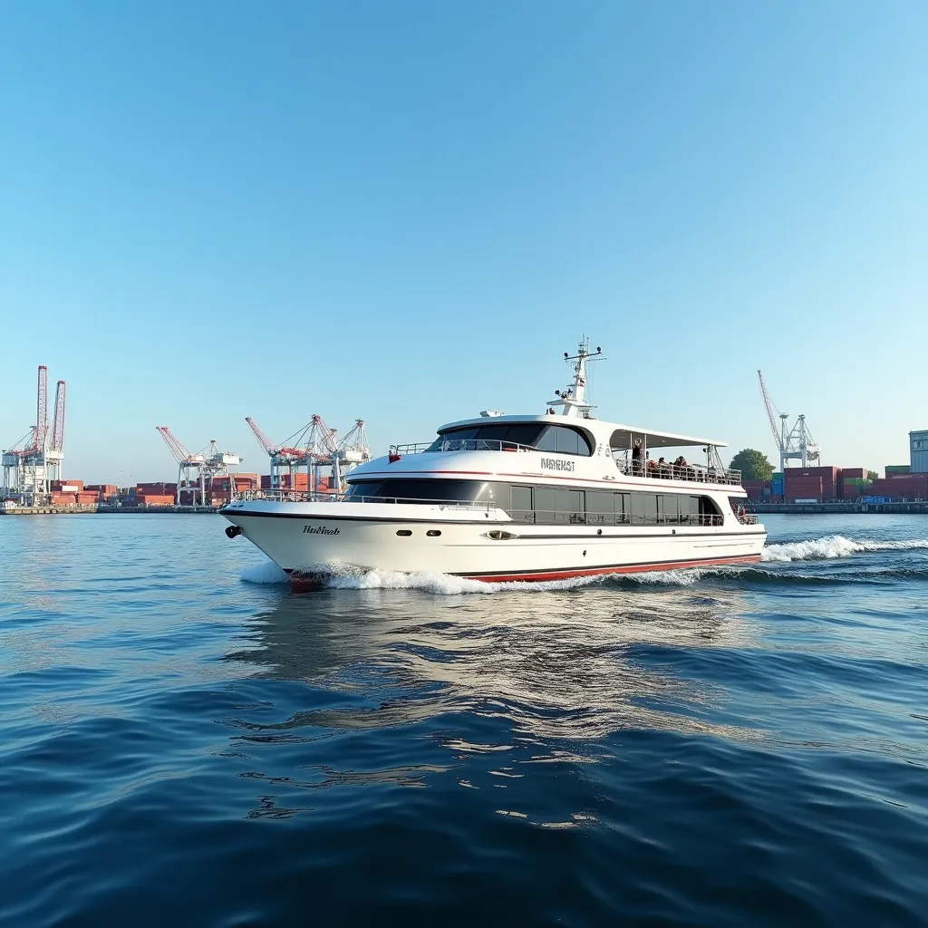 Passagierschiff auf einer XXL-Hafenrundfahrt beim Sommerfest in der Hafenstadt Hamburg, im Hintergrund die Hafenkräne und Containeranlagen.