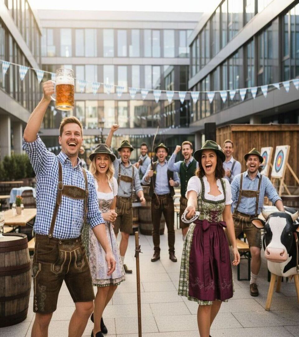 Bayrische Team-Challenge am Firmengelände: Mitarbeitende in Tracht spielen Bogenschießen, Maßkrugstemmen und Hufeisenwerfen.