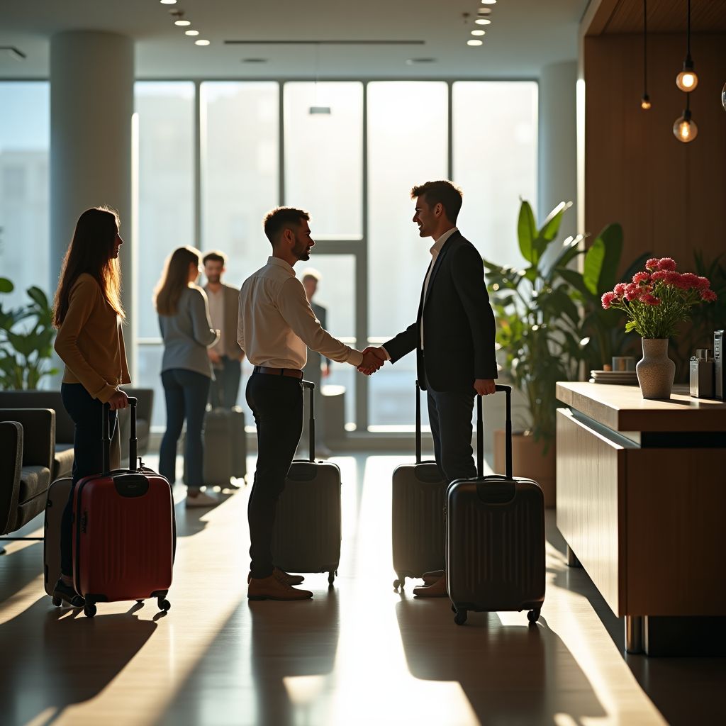 Teilnehmer des Teambuilding in Köln verabschieden sich in der modernen Hotellobby – mit Koffern, Handschlag und positiven Gesichtern, bevor die Abreise beginnt.