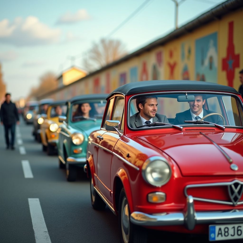 Kultige Trabi-Tour entlang der East Side Gallery – beim Teambuilding in der Hauptstadt Berlin erleben die Teilnehmer Nostalgie, Sightseeing und Teamspirit im Konvoi der legendären Fahrzeuge.