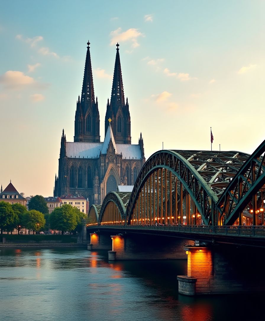 Kölner Dom und Hohenzollernbrücke bei Abendstimmung – unvergessliche Kulisse für Ihr Teambuilding in Köln mit Kultur und Rheinpanorama.