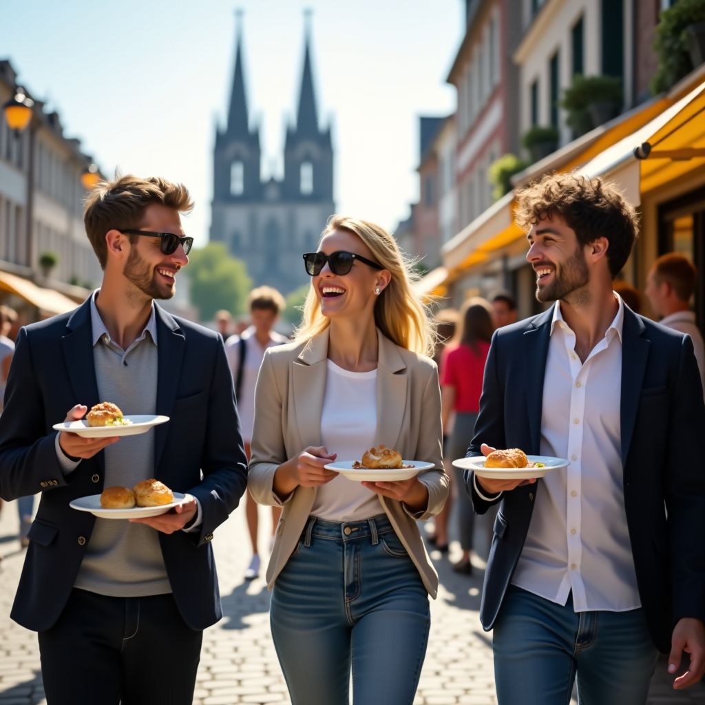 Teilnehmer beim Teambuilding in Köln genießen eine kulinarische Stadtführung: lachende Kollegen schlendern durch die Altstadt, probieren regionale Spezialitäten und erleben kölsche Kultur hautnah.