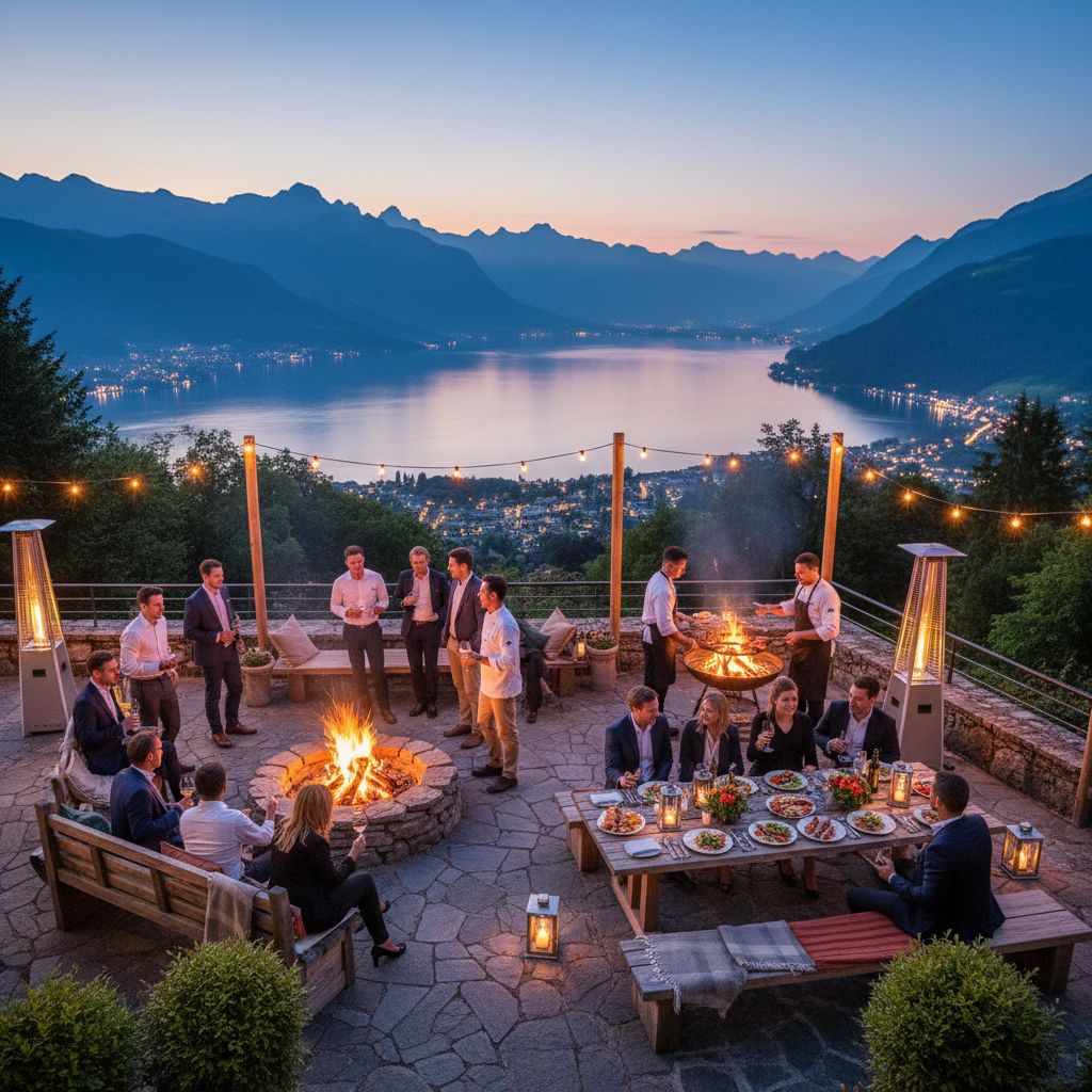Stimmungsvolles BBQ und Lagerfeuer-Abend während der Incentive Reise Luzern – Team genießt gemeinsames Abendessen im Freien mit Blick auf den Vierwaldstättersee und die umliegenden Alpen.