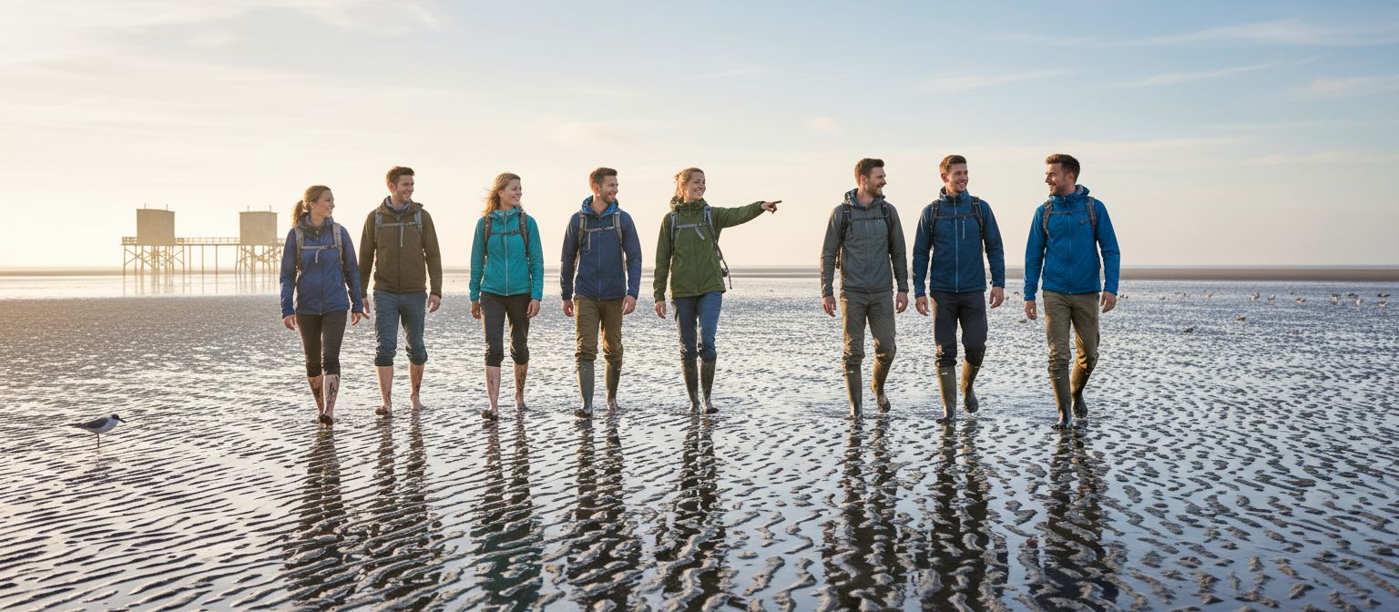 Gruppe von Kolleginnen und Kollegen bei einer Wattwanderung in St. Peter-Ording – gemeinsames Naturerlebnis und Teamgefühl beim Betriebsausflug in St. Peter-Ording.