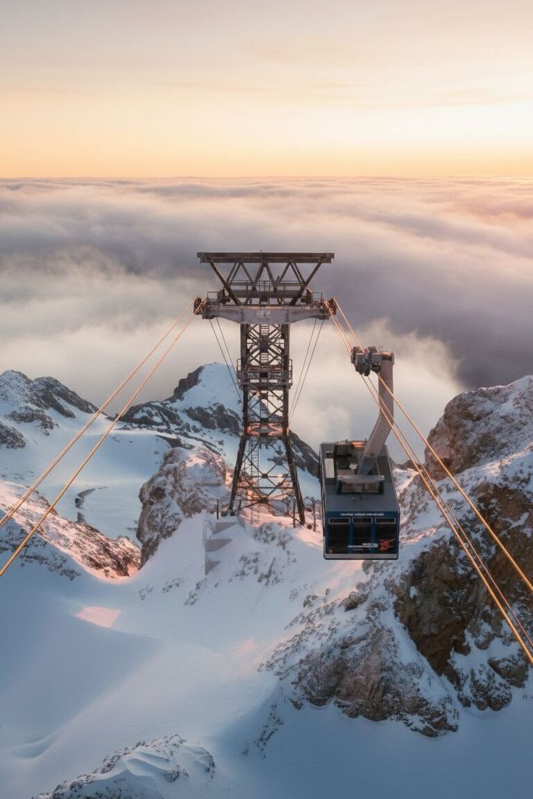 Die Zugspitzbahn fährt bei Sonnenaufgang durch verschneite Gipfel und Wolken – ein eindrucksvoller Auftakt für eine Weihnachtsfeier in Garmisch.