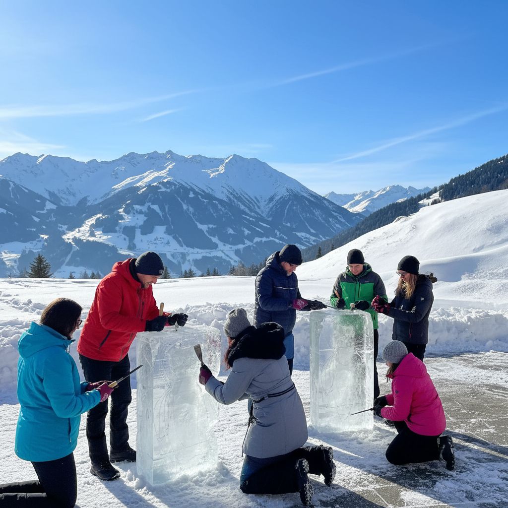 Teilnehmer einer Weihnachtsfeier in Garmisch beim gemeinsamen Eisschnitzen auf der Zugspitze – Teamarbeit und Kreativität vor beeindruckender Alpenkulisse.