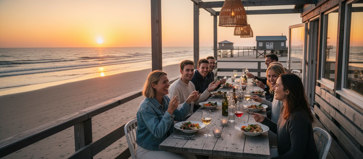 Team beim Abendessen im Stelzenrestaurant am Strand von St. Peter-Ording – Sonnenuntergang, Meeresblick und entspannte Atmosphäre beim Betriebsausflug in St. Peter-Ording.