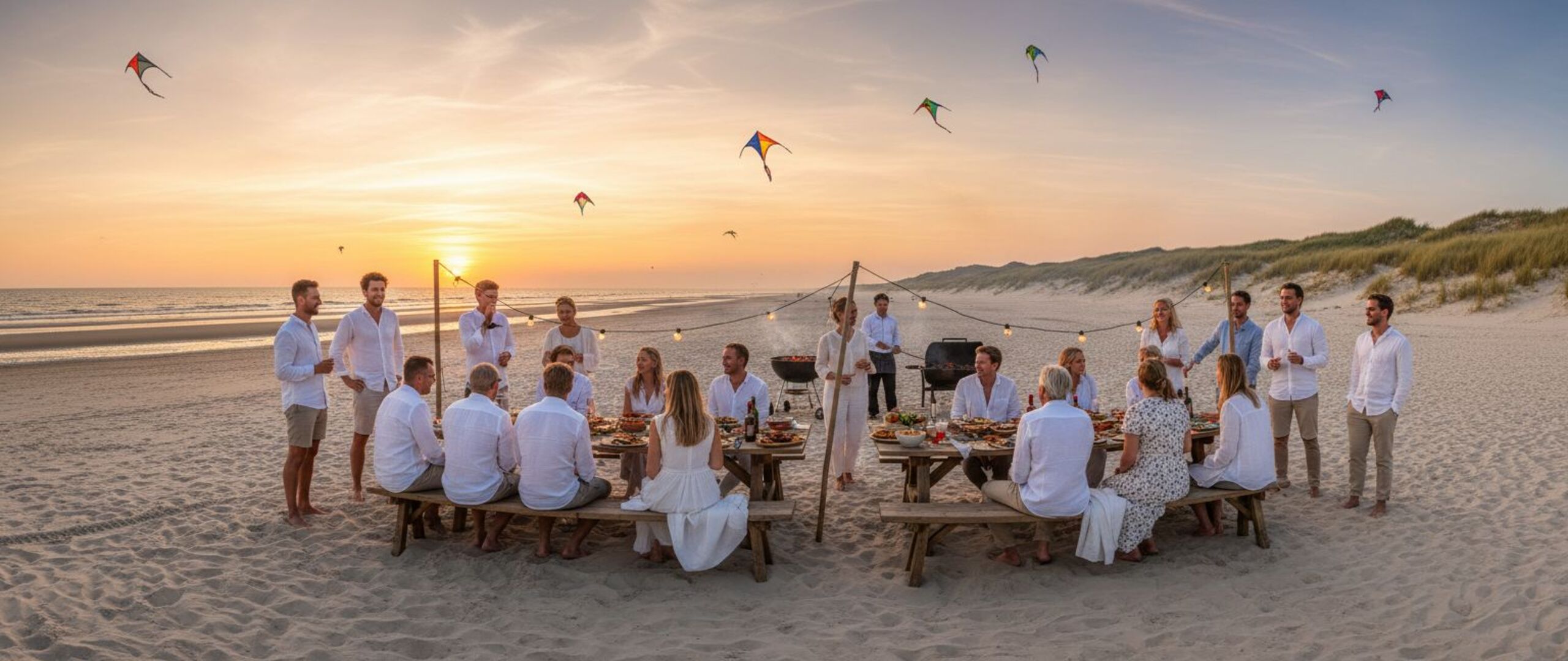 Team genießt beim Betriebsausflug in St. Peter-Ording ein stimmungsvolles BBQ am Strand bei Sonnenuntergang – gesellige Atmosphäre, Meeresblick und entspanntes Miteinander inmitten der Dünen.