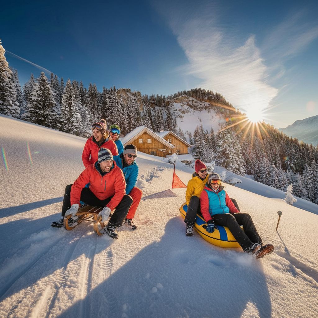 Teilnehmer einer Winter-Teamchallenge rodeln lachend vor einer Berghütte in den verschneiten Garmischer Alpen – aktives Teamerlebnis beim Firmenjubiläum in Garmisch.