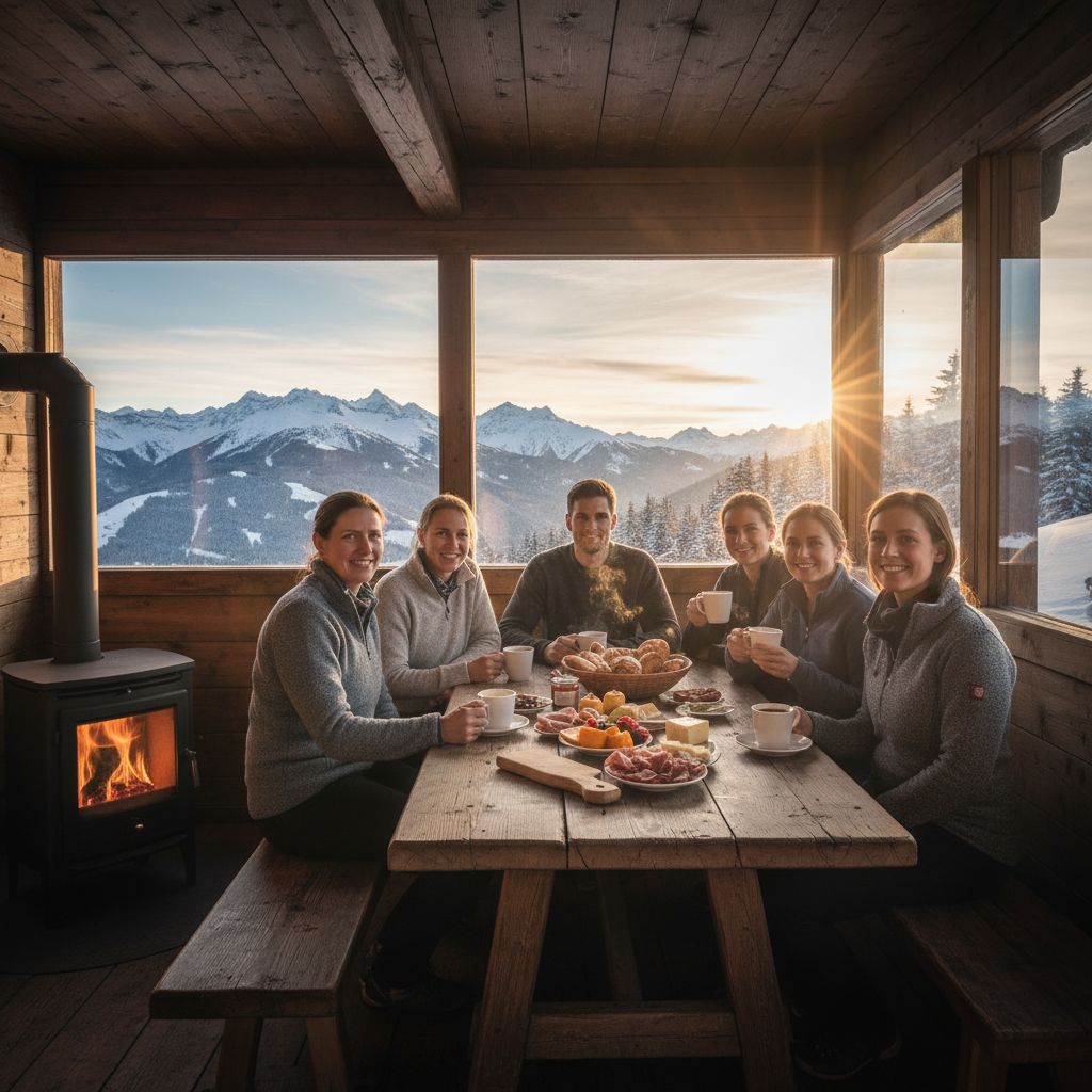 Mitarbeiter genießen beim Firmenjubiläum in Garmisch ein gemütliches Frühstück in der Berghütte mit Panoramablick auf die verschneiten Alpen – warmes Licht, entspannte Atmosphäre und eindrucksvolle Gipfelaussicht.