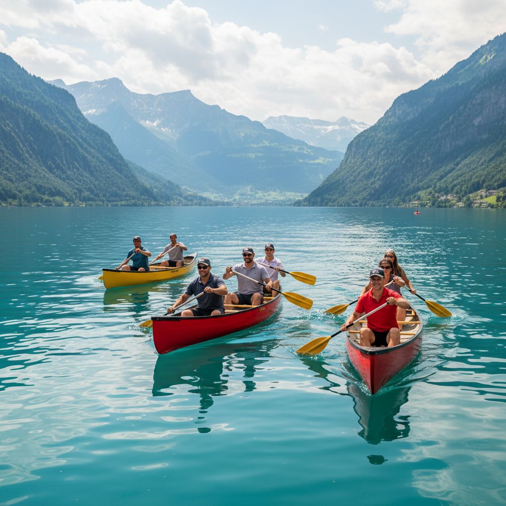 Teilnehmer einer Incentive Reise Luzern genießen eine geführte Kanutour auf dem Vierwaldstättersee – mehrere bunte Kanus mit motivierten Teammitgliedern, umgeben von beeindruckender Alpenkulisse und klarem Wasser.