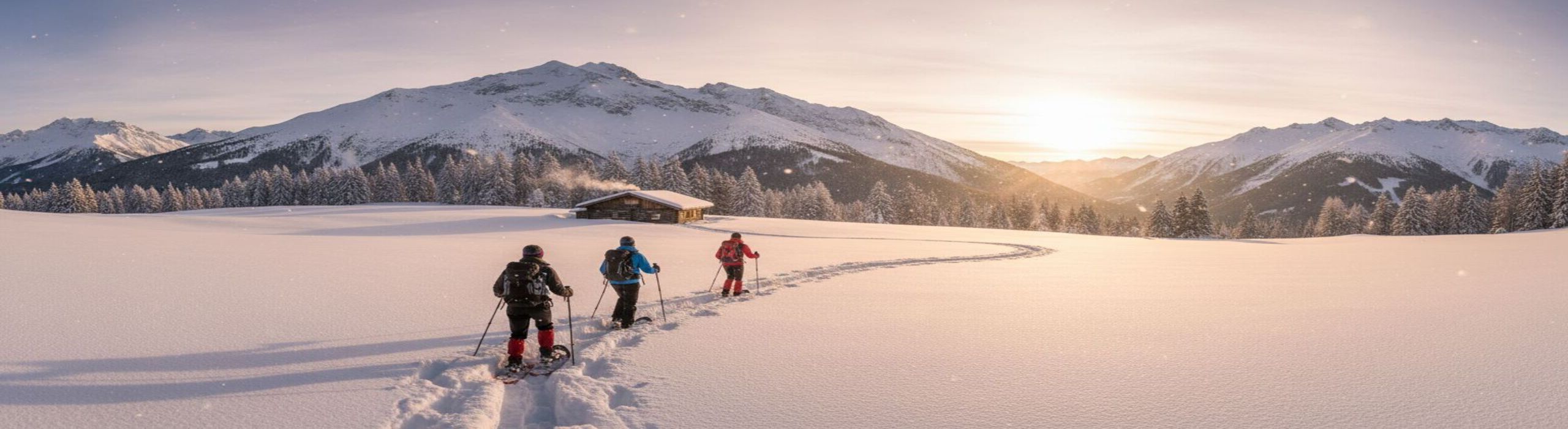 Teilnehmer einer Weihnachtsfeier in Garmisch bei einer Schneeschuhwanderung durch die verschneiten Alpen – im Hintergrund eine Berghütte mit Rauch aus dem Kamin und beeindruckende Bergkulisse.