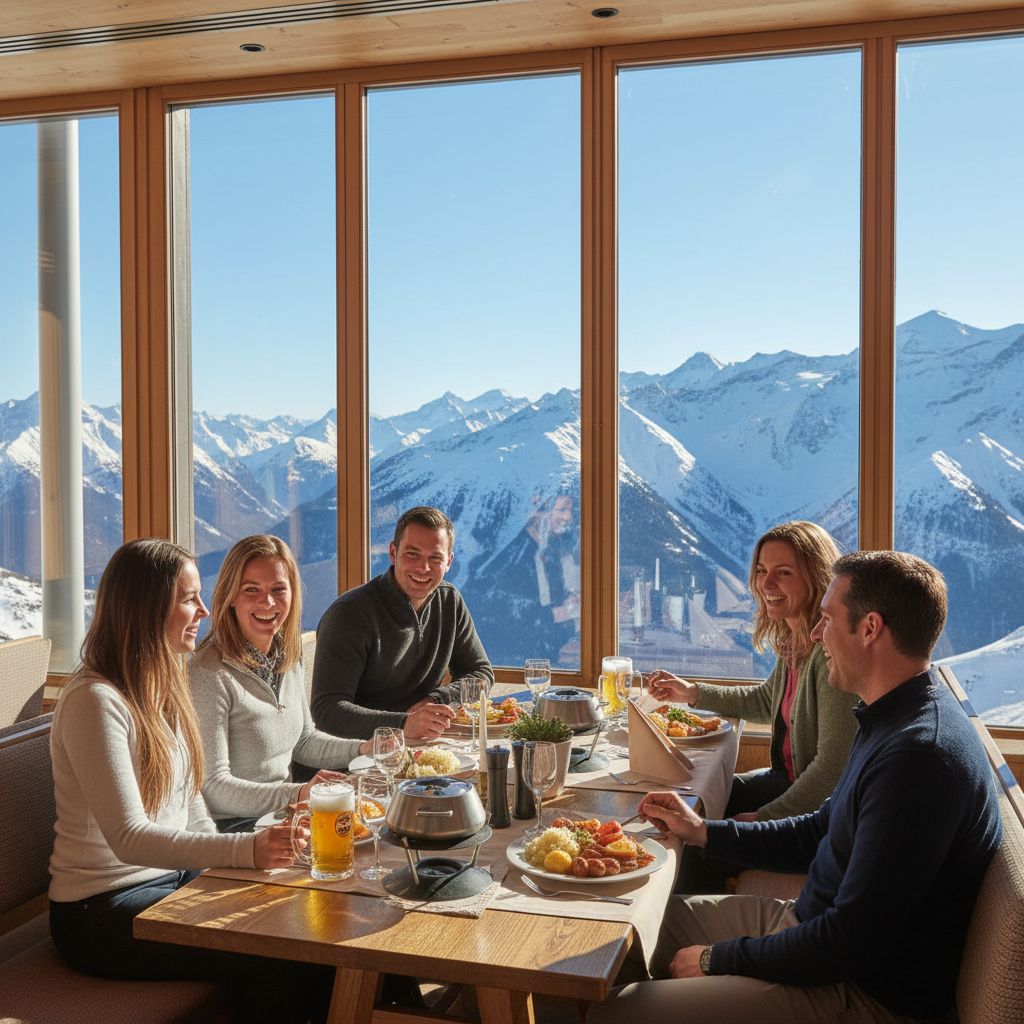 Gruppe bei einem gemütlichen Mittagessen im Panorama-Restaurant auf der Zugspitze – mit Blick auf die verschneiten Alpen während einer Weihnachtsfeier in Garmisch.