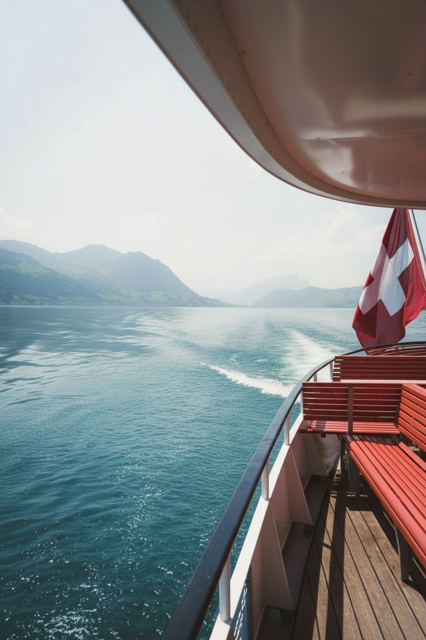 Blick vom Schiff auf dem Vierwaldstättersee mit Schweizer Flagge – malerischer Moment der Incentive Reise Luzern.