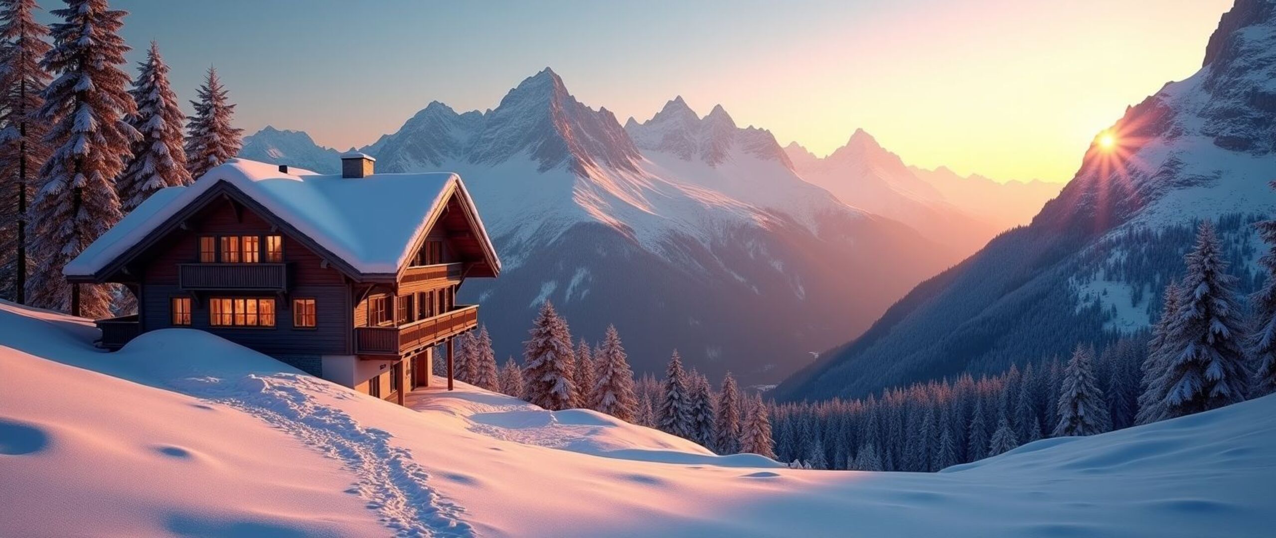 Winterliche Alpenlandschaft in Garmisch-Partenkirchen mit verschneiter Berghütte bei Sonnenuntergang – authentische Kulisse für ein unvergessliches Firmenjubiläum in Garmisch.