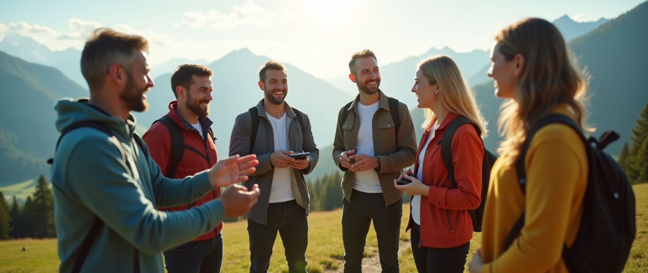 Team beim Teamevent am Blomberg auf einer Bergwiese mit Alpenpanorama – gemeinsames Lachen, Sonne und Teamgeist in den Bergen.