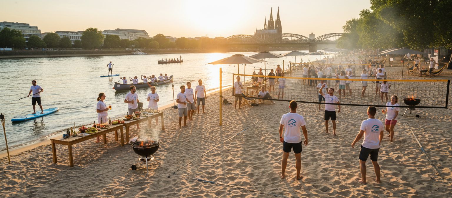 Betriebsausflug in Köln: Aktiver Beachday am Rhein mit Volleyball, BBQ und Teamaktionen – perfekte Kombination aus Bewegung, Genuss und Teambuilding.
