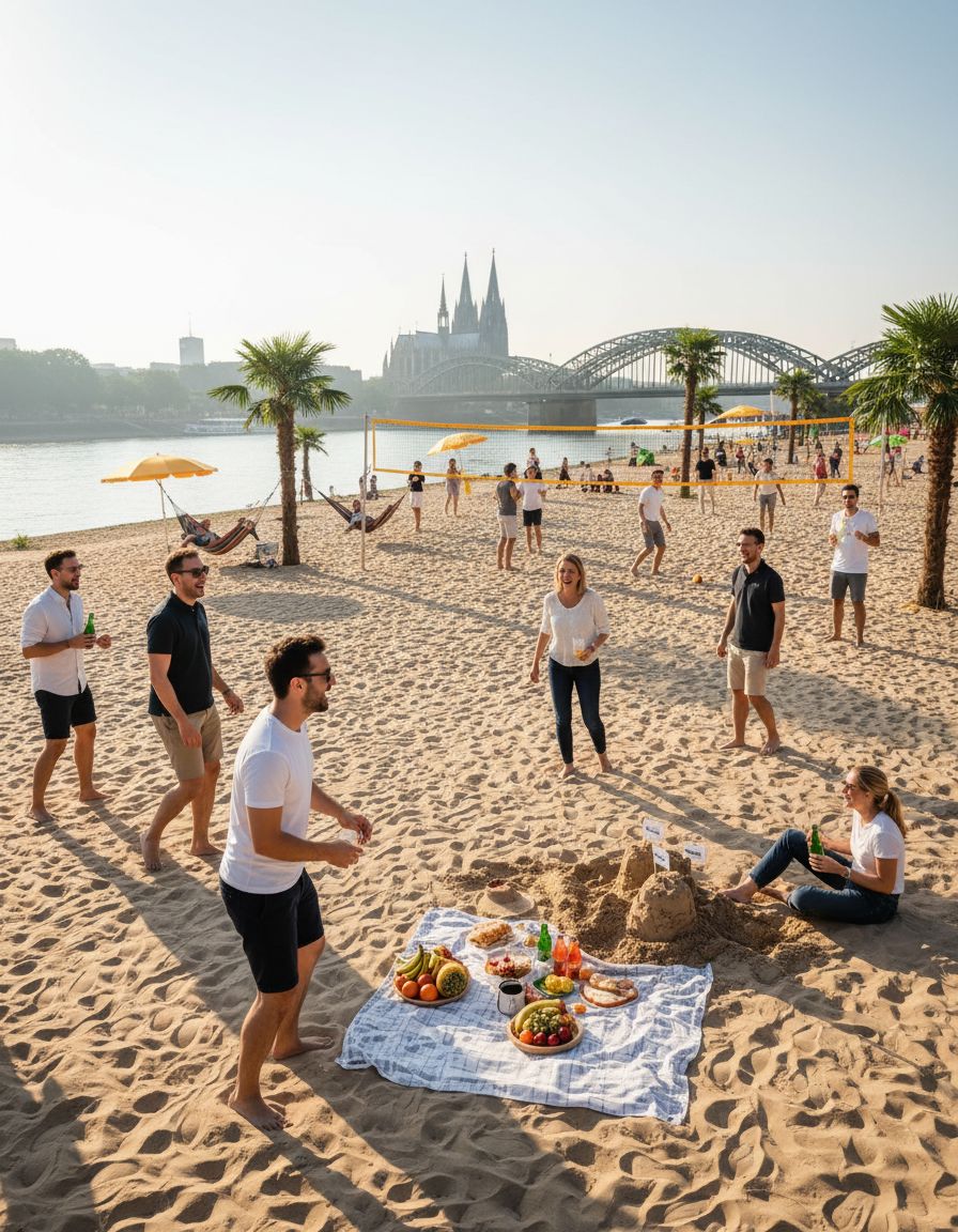 Betriebsausflug in Köln: Lockerer Beachday am Rhein mit Teamspielen, Picknick und entspannter Sommeratmosphäre.