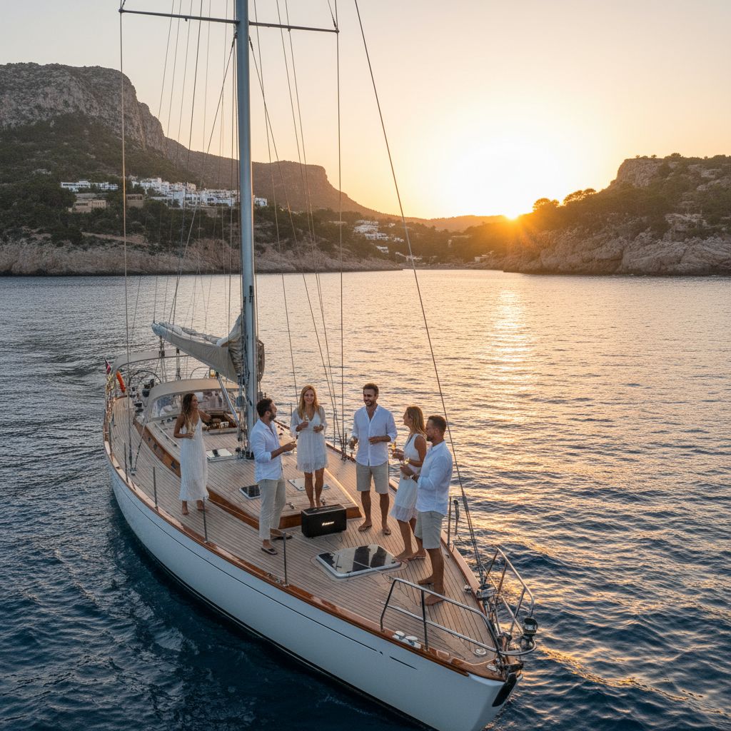 Incentivereise Mallorca: Segeltörn bei Sonnenuntergang entlang der Küste, entspanntes Get-together an Bord mit Drinks und exklusiver Atmosphäre.