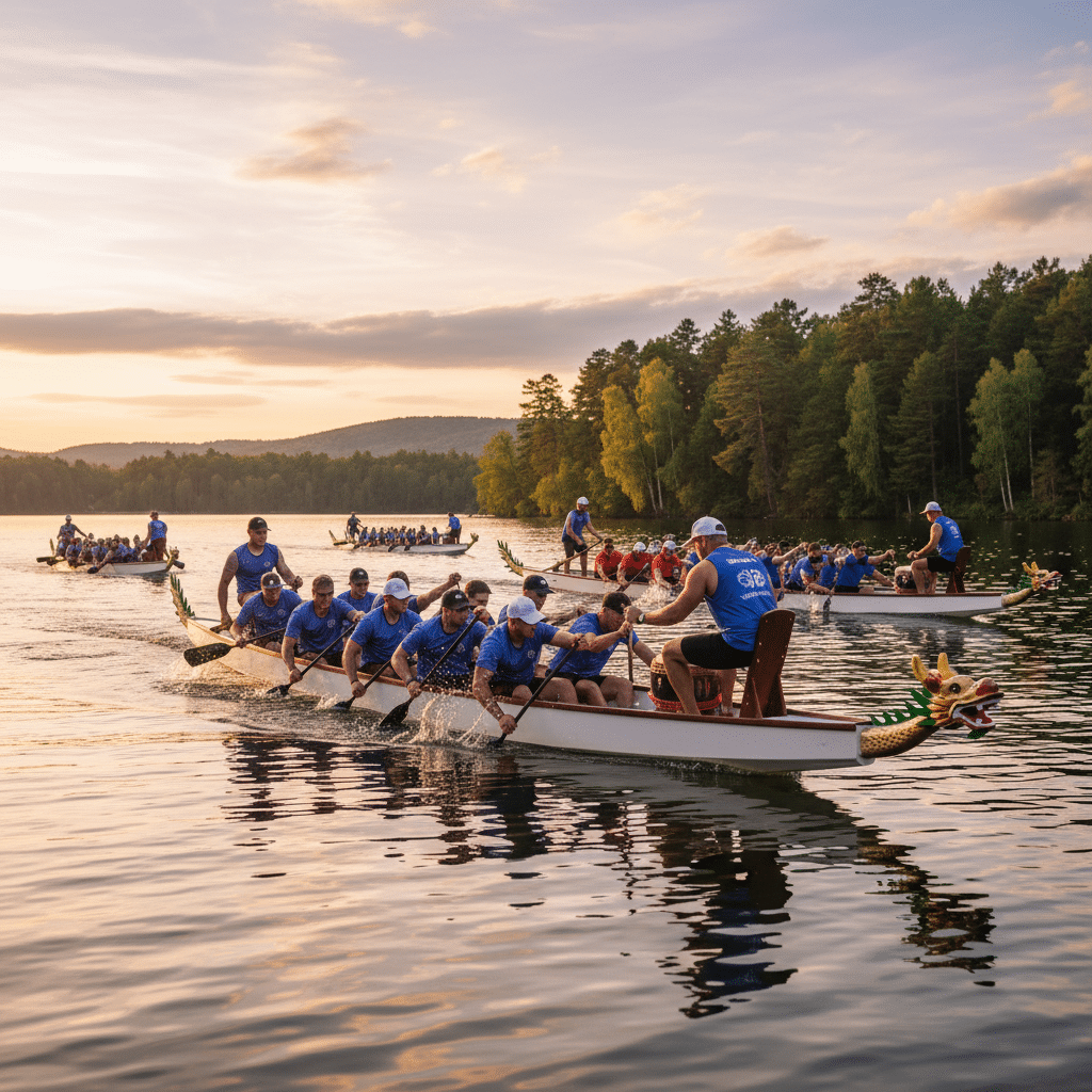 Teambuilding am Edersee: Mehrere Teams treten im Drachenboot bei einem gemeinsamen Wettbewerb an und fördern durch Teamwork, Koordination und Dynamik den Zusammenhalt