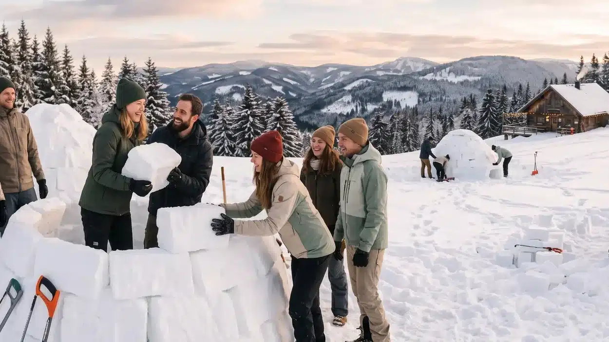 Gruppen von Menschen bauen in der verschneiten Landschaft Iglus, umgeben von Tannenbäumen, bei einer Weihnachtsfeier Hochschwarzwald.