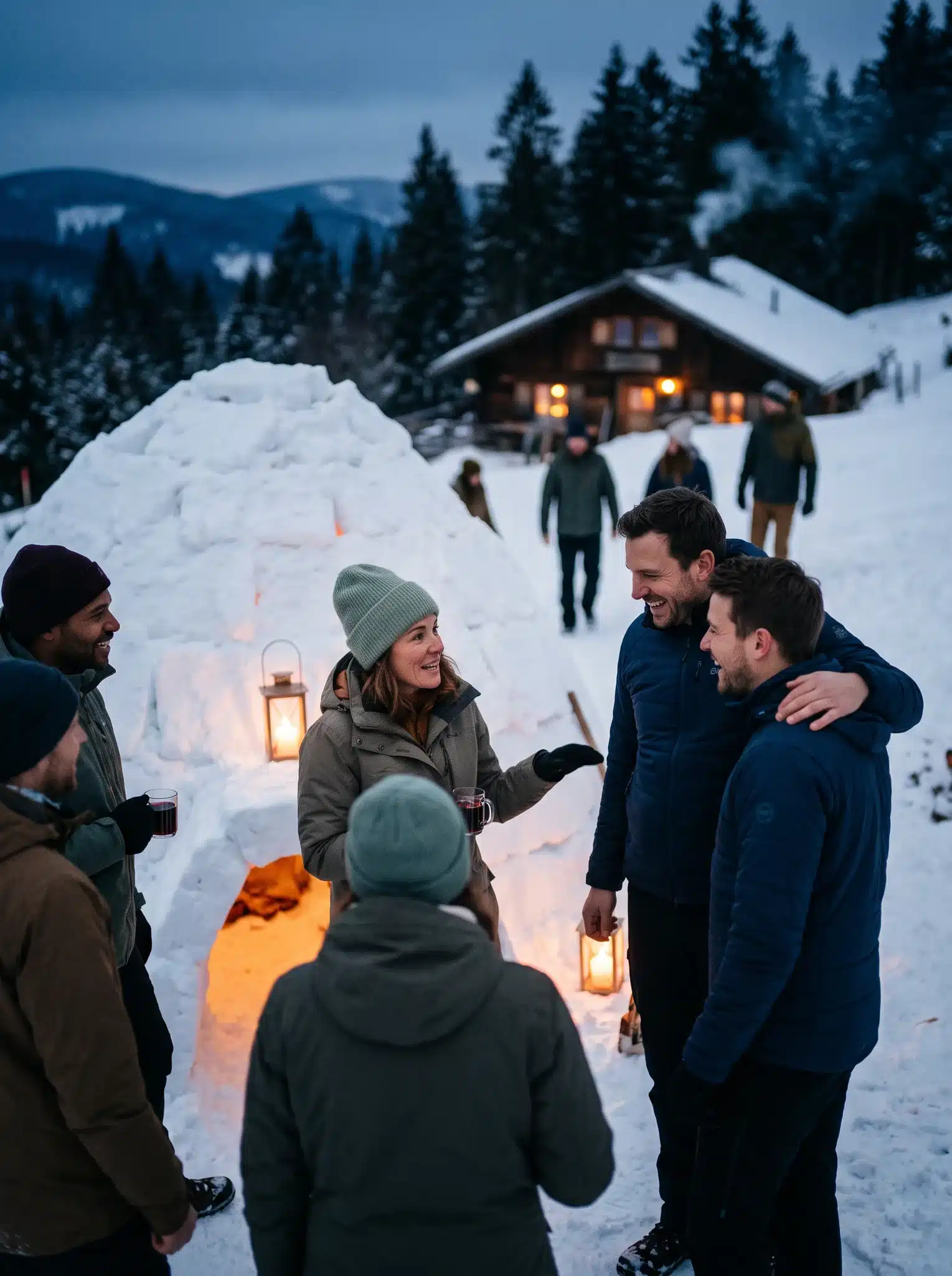 Gruppe von Menschen vor einem Iglu, umgeben von Schnee, bei einer Weihnachtsfeier Hochschwarzwald.