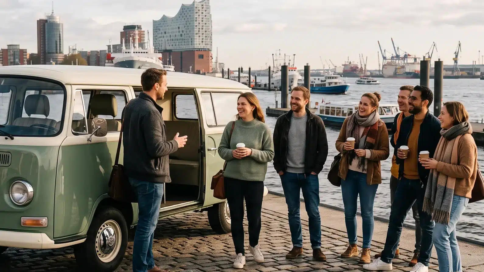 Gruppe von sieben Personen mit Kaffeebechern, die an einem Hafen mit einem alten VW-Bus stehen, Teamevent in Hamburg.