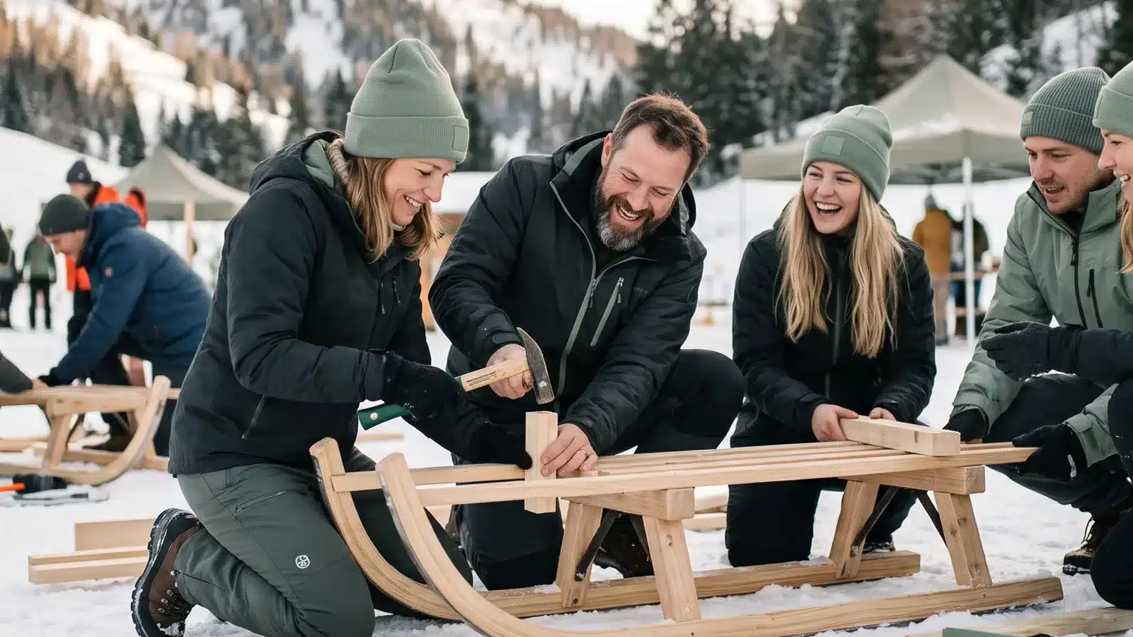 Gruppenteilnehmer bauen gemeinsam Schlitten im Schnee während eines Schlittenbau Teamevents.