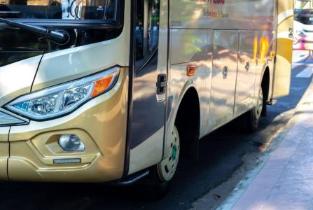 Bustransfer, Bus ist frontal zu sehen, goldene Lackierung, unbekannter Dienstleister