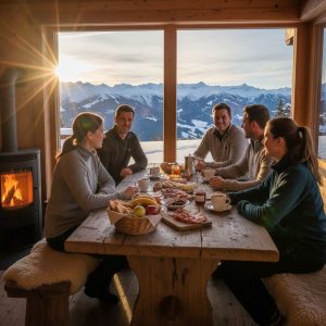 Mitarbeiter genießen beim Firmenjubiläum in Garmisch ein gemütliches Frühstück in der Berghütte mit Panoramablick auf die verschneiten Alpen – warmes Licht, entspannte Atmosphäre und eindrucksvolle Gipfelaussicht.