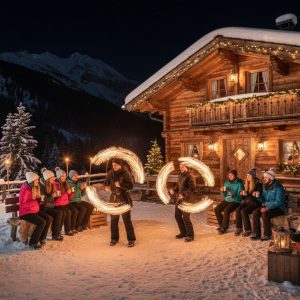Mitarbeiter genießen beim Firmenjubiläum in Garmisch eine beeindruckende Feuershow vor dem festlich beleuchteten Berghütte inmitten verschneiter Alpenlandschaft – stimmungsvolle Winteratmosphäre mit Lagerfeuer und Bergpanorama.